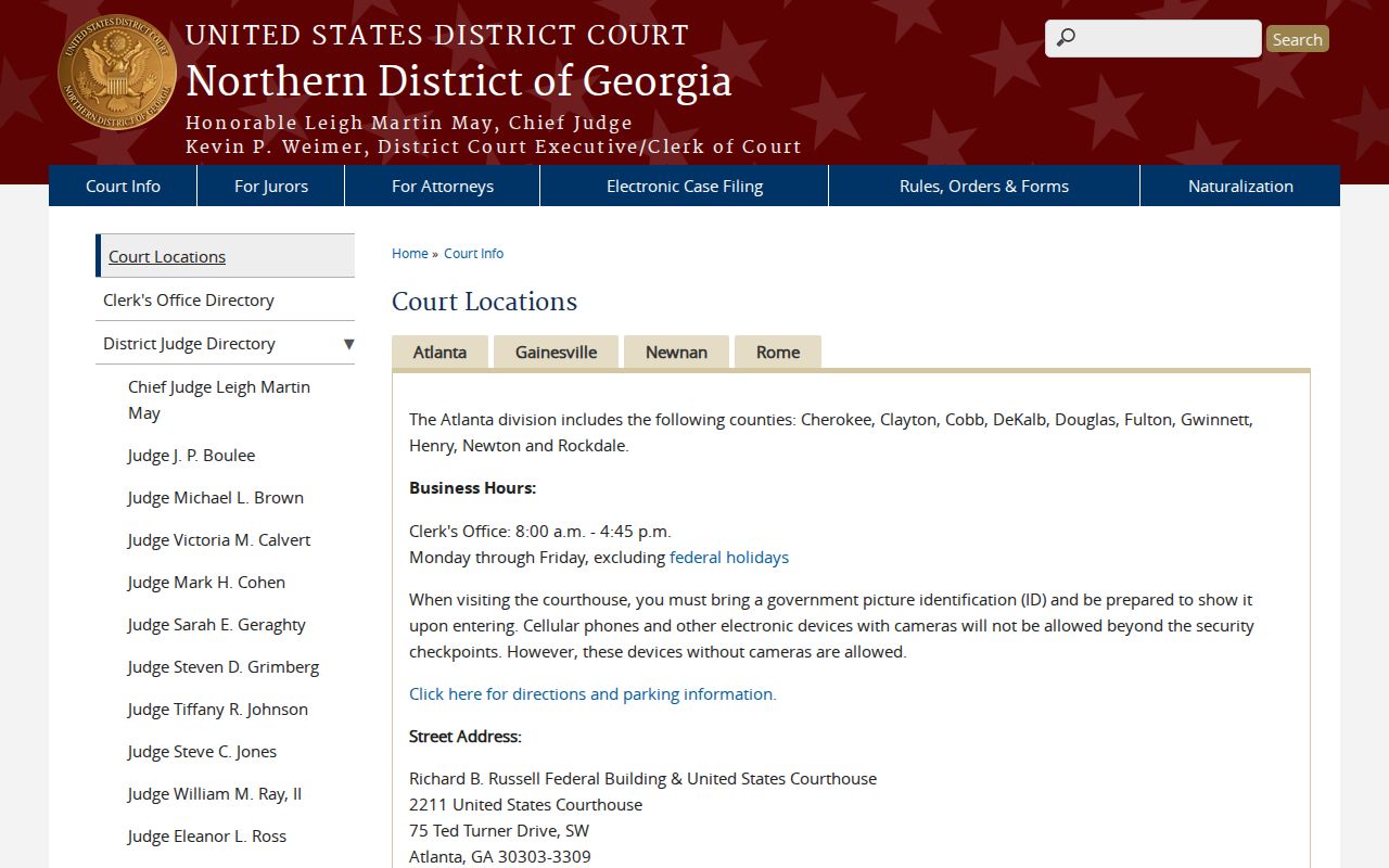 Northern District of Georgia federal court locations page