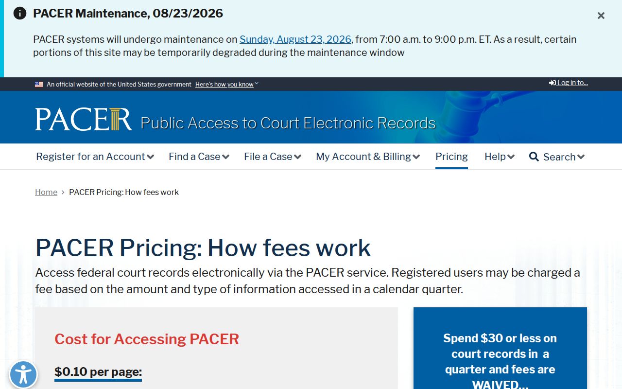 PACER federal court docket pricing information