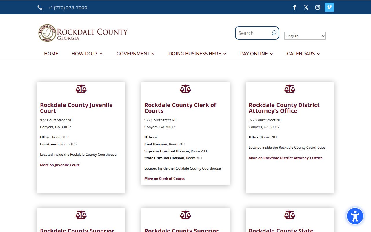 Rockdale County Court Services directory for courtrooms and offices